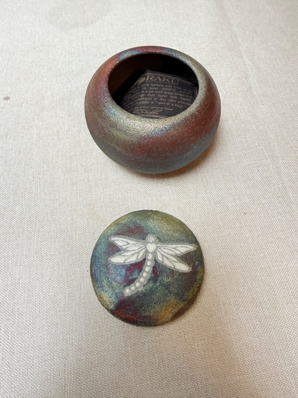 Raku Pottery Dragonfly Dream Catcher Jar Signed Jeremy Dillon With Insert - Picture 7 of 13
